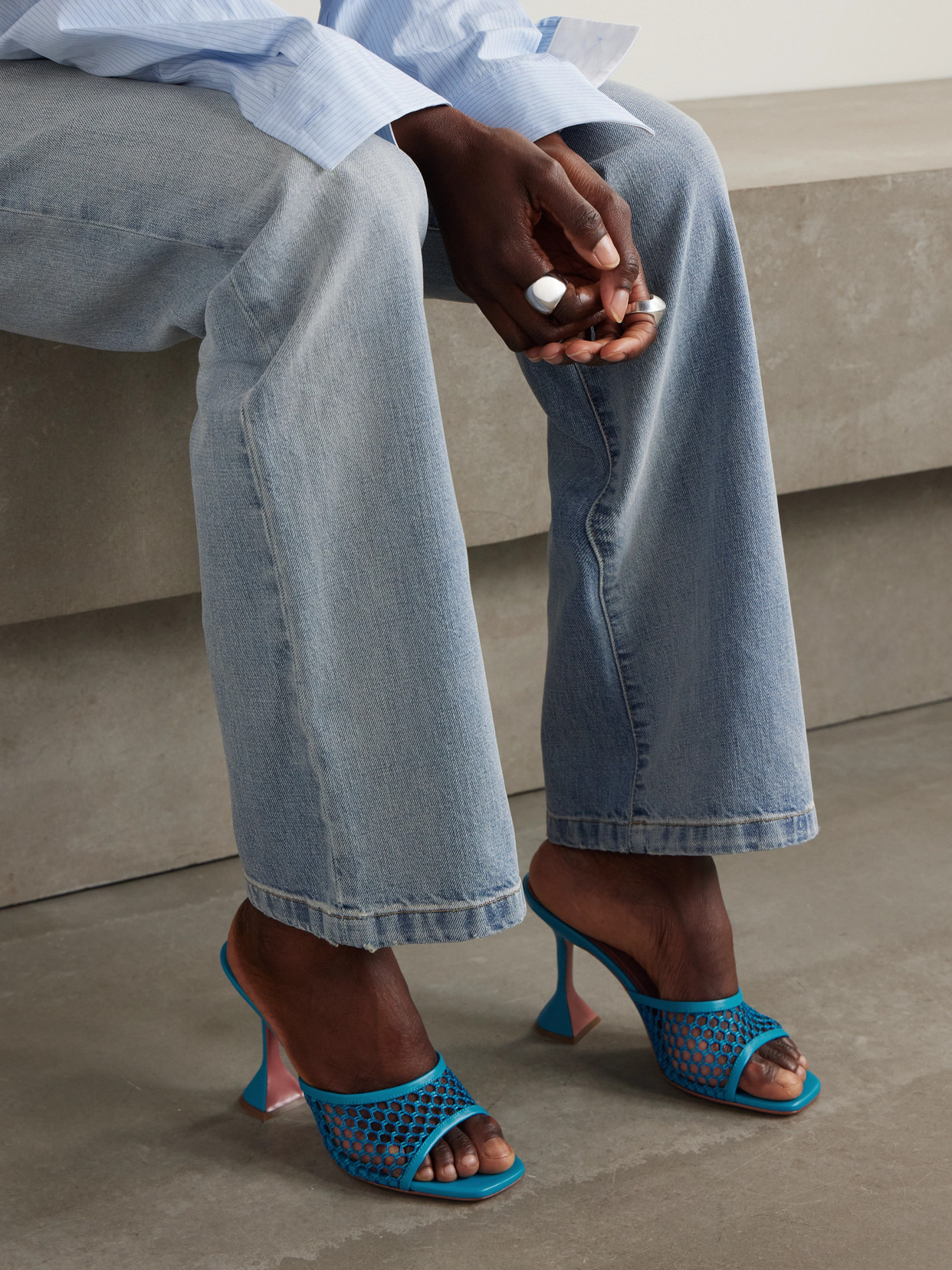 Amina Muaddi Light Blue Leather And Mesh Lupita Net 95 Mules In Blue