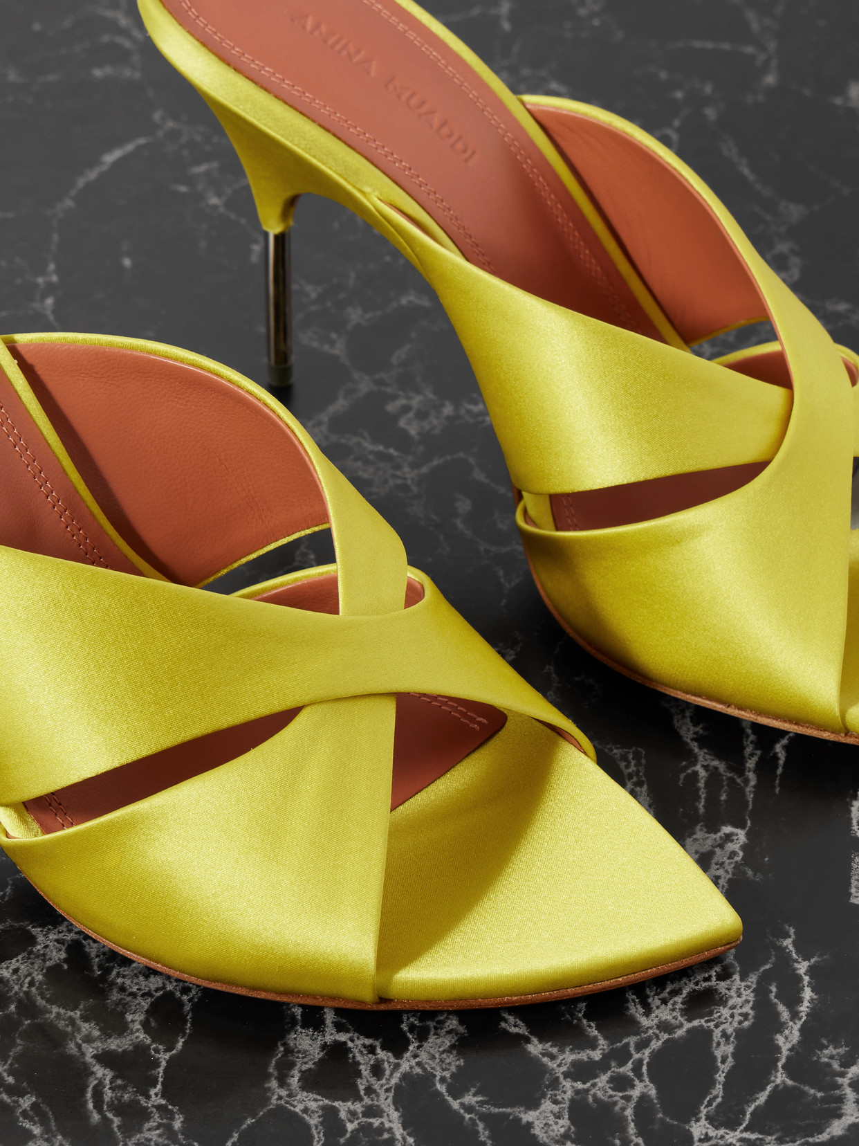 Amina Muaddi Samantha Crisscross Satin Metal-heel Sandals In Green