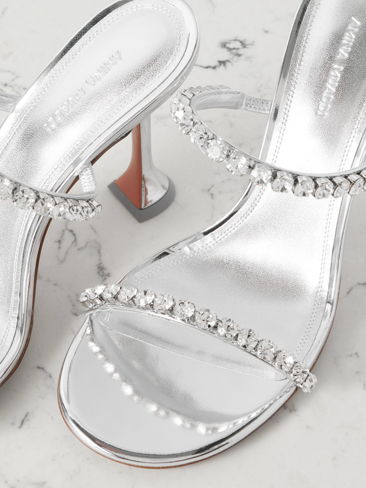 Amina Muaddi Womens Other Gilda Crystal-embellished Leather Heeled Mules In Silver