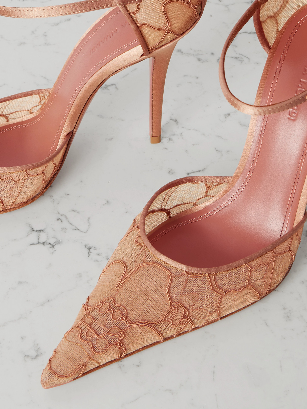 AMINA MUADDI BARBARA SATIN-TRIMMED CORDED LACE PUMPS