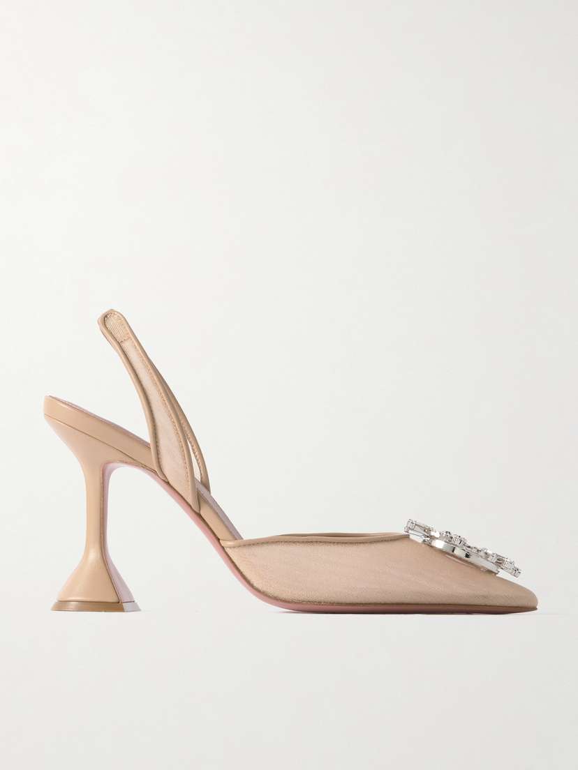Amina Muaddi Begum Crystal-embellished Leather-trimmed Mesh Slingback Pumps
