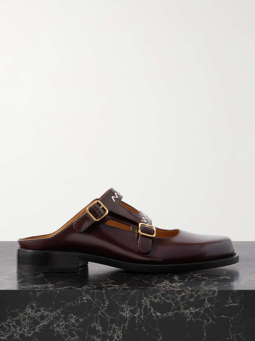 Marni Embroidered Buckle-embellished Patent-leather Mules