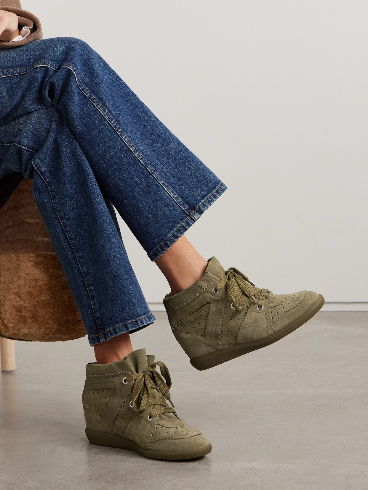 Isabel Marant Bobby Perforated Suede Wedge Sneakers In Green