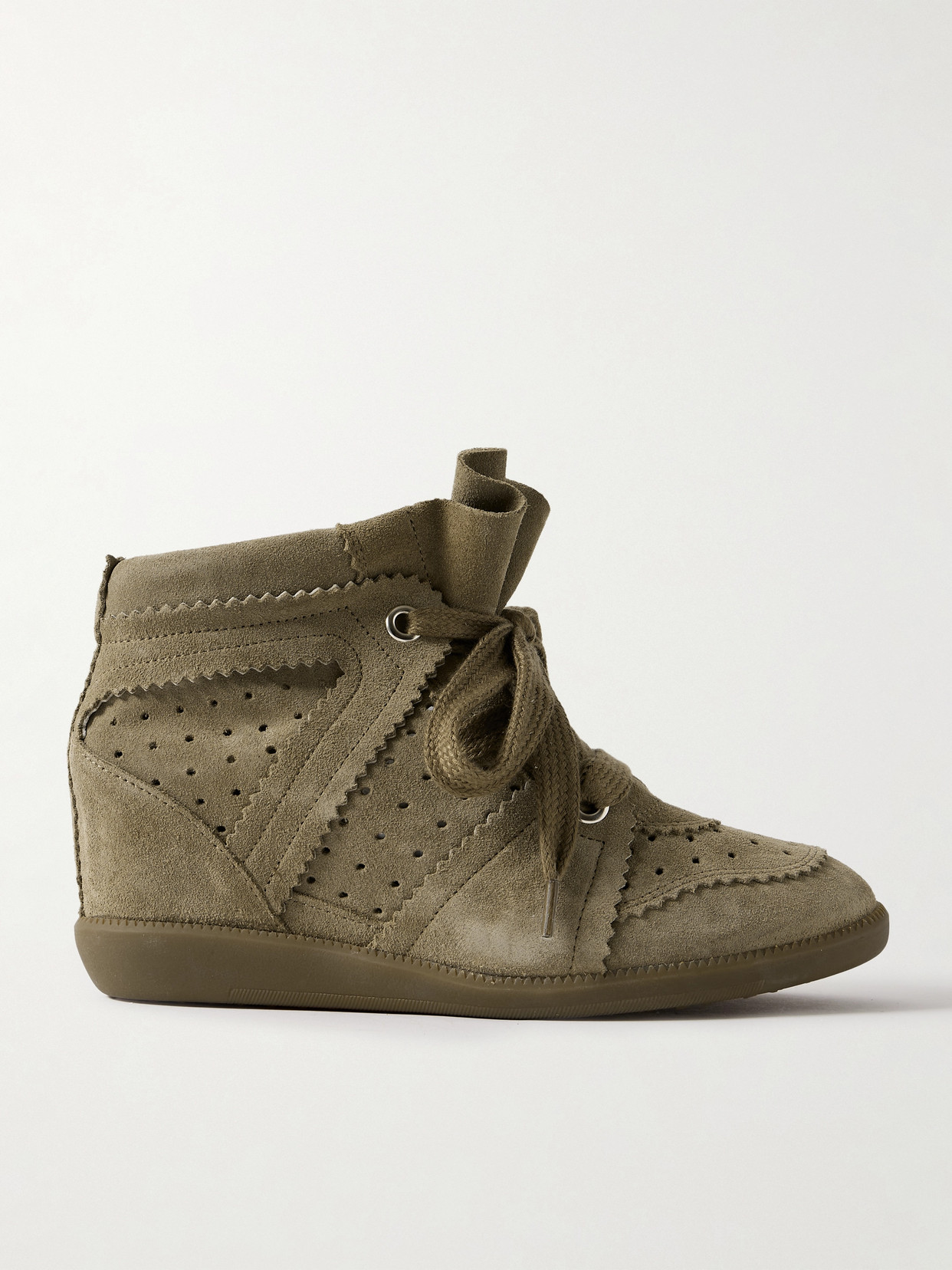 Isabel Marant Bobby Perforated Suede Wedge Sneakers In Green