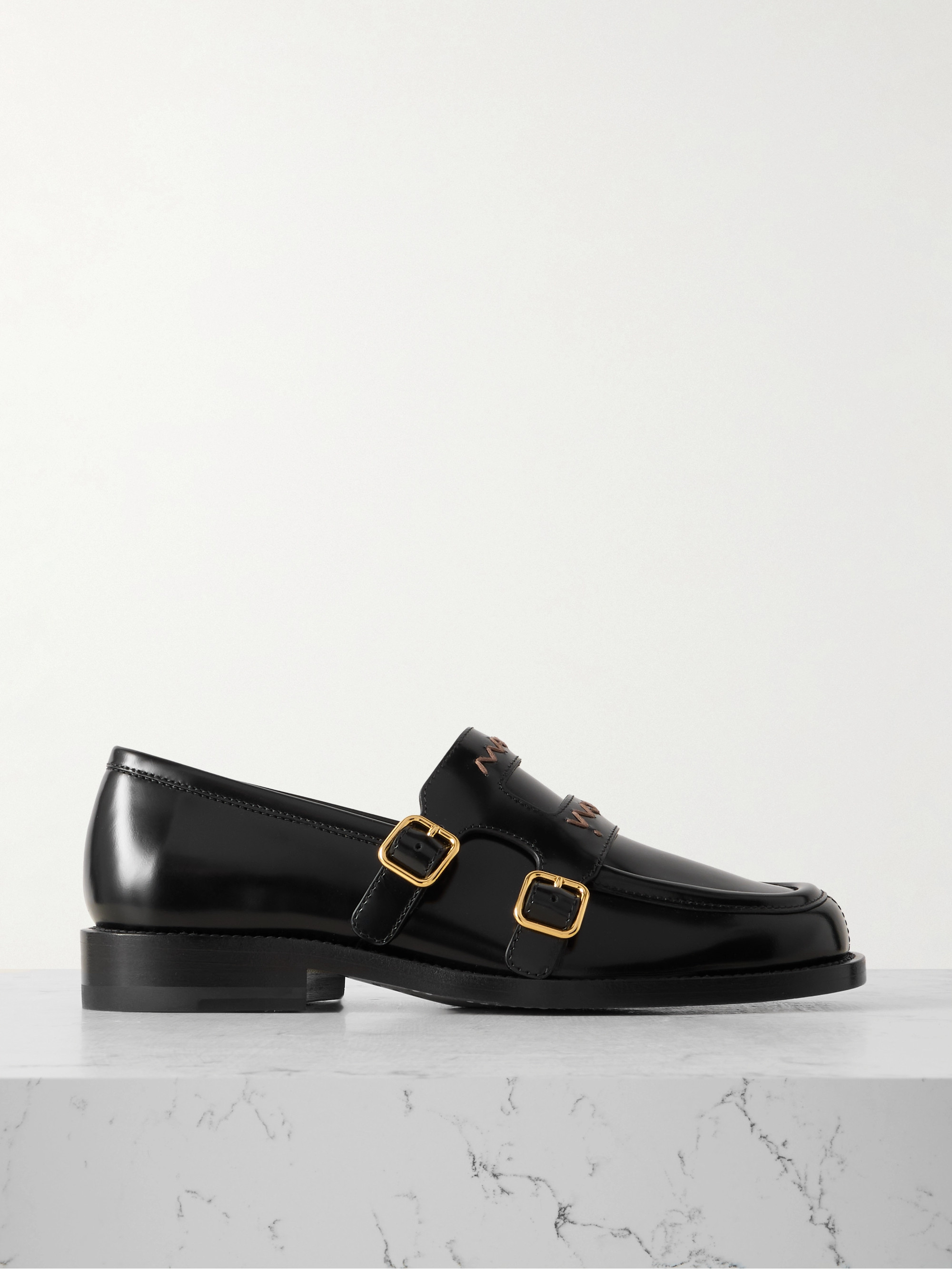Marni Buckled embroidered leather loafers