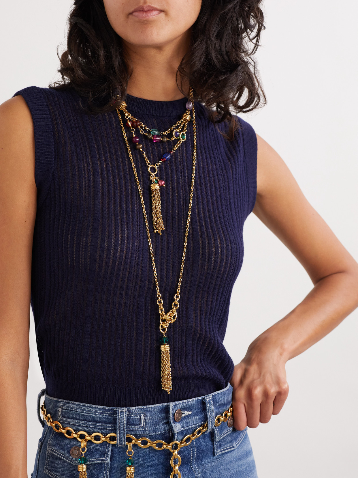 CHLOÉ BEAD-EMBELLISHED TASSEL GOLD-TONE NECKLACE