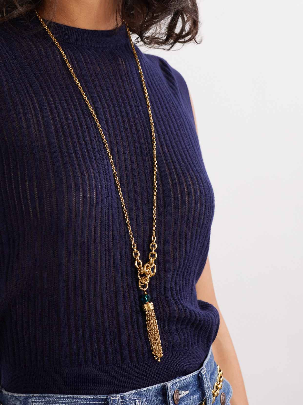 CHLOÉ BEAD-EMBELLISHED TASSEL GOLD-TONE NECKLACE