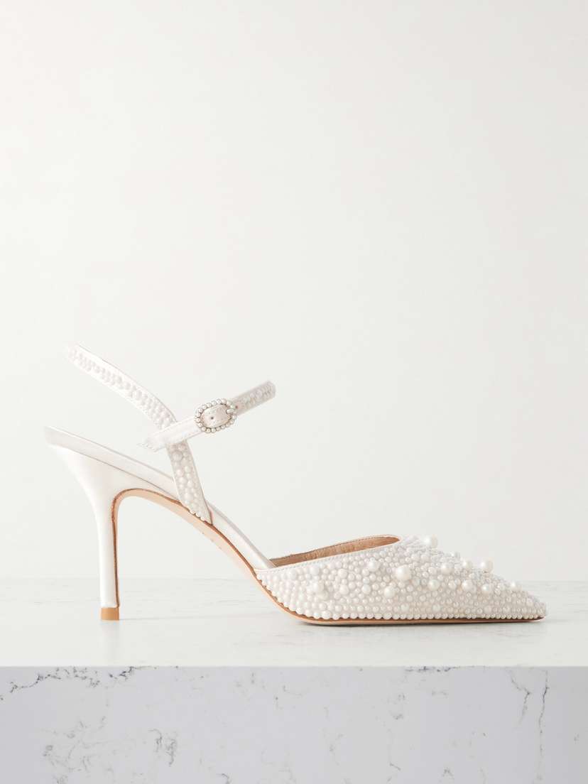 Stuart Weitzman Bliss Faux Pearl-embellished Satin Slingback Pumps