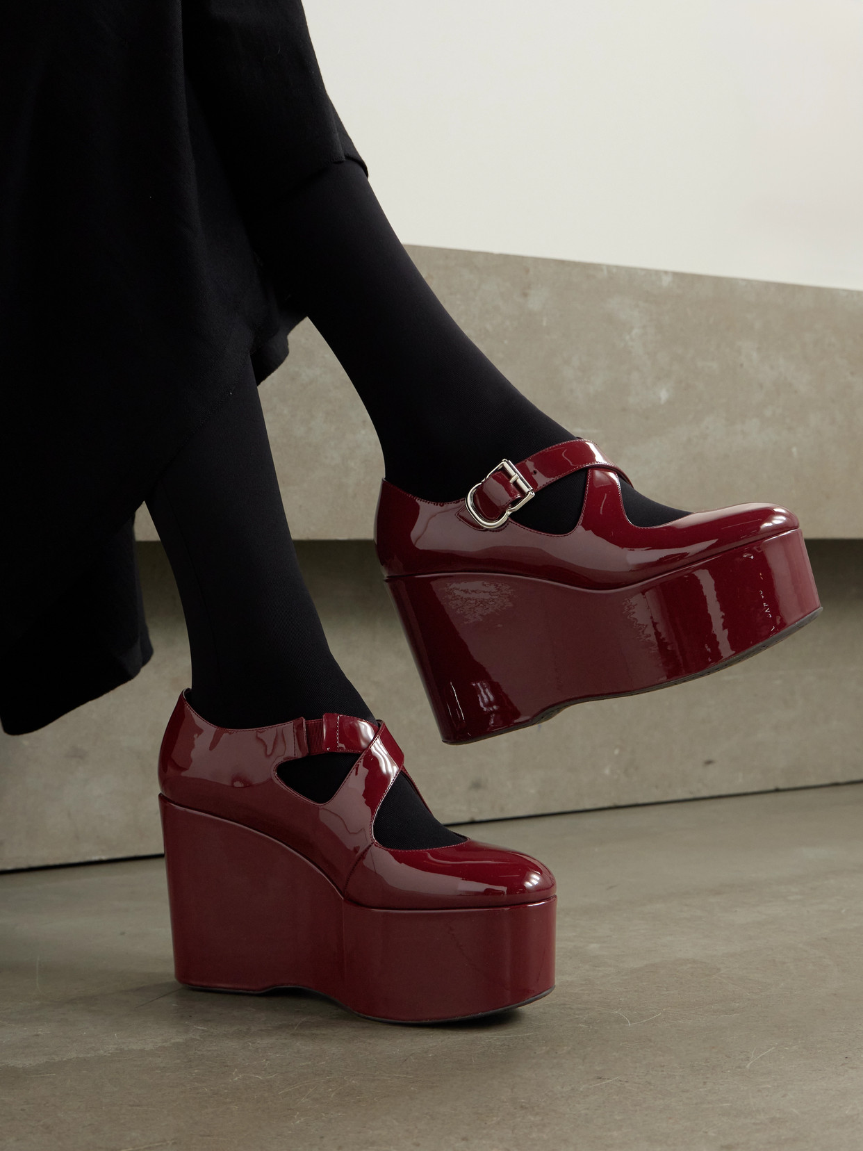 Alaïa 110 Patent-leather Platform Wedge Mary Jane Pumps In Burgundy