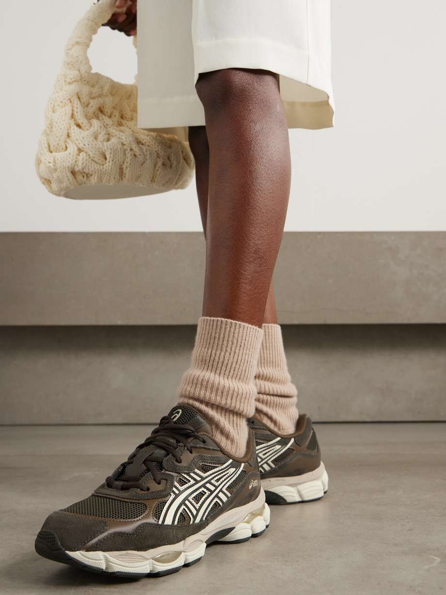 Brown ASICS GEL-NYC leather and suede-trimmed mesh sneakers