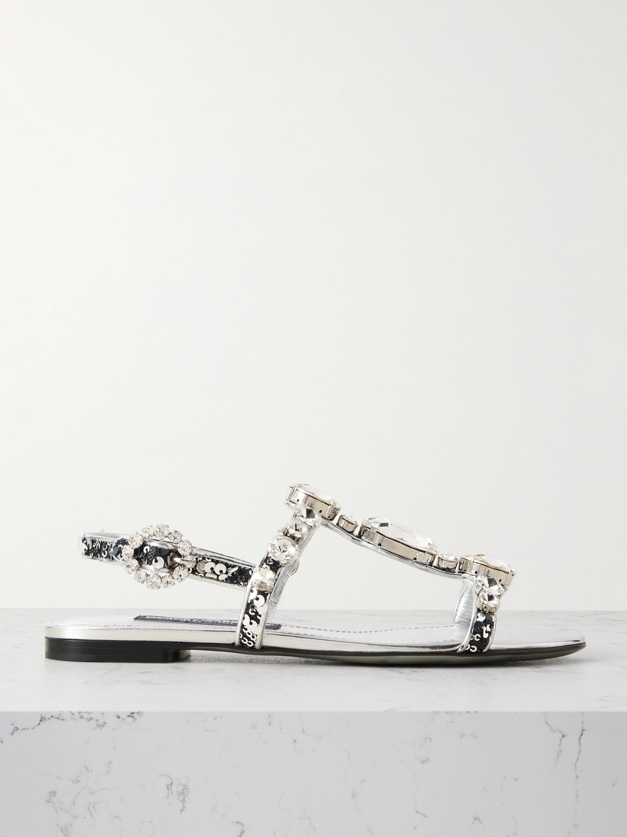 Dolce & Gabbana Bianca Embellished Metallic Leather Sandals In Silver