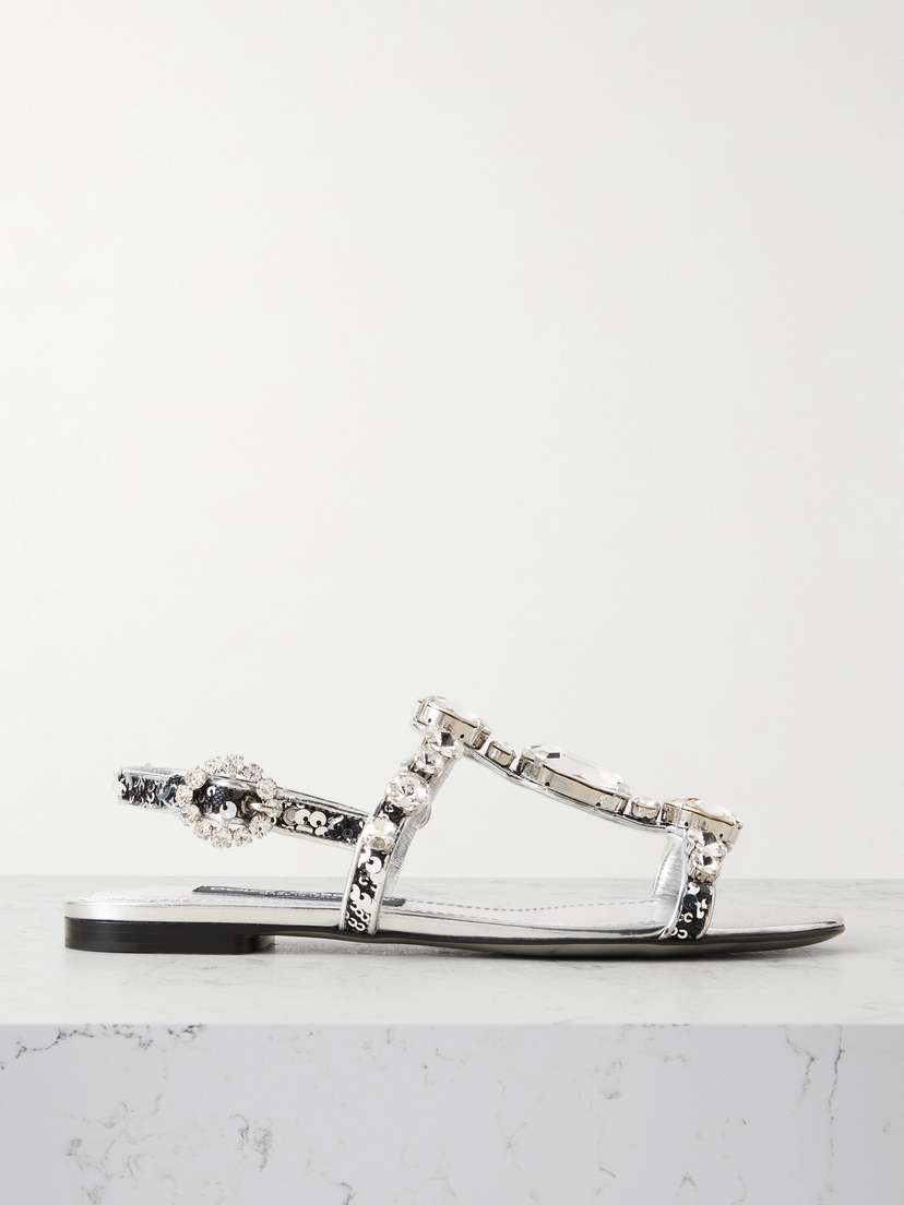 Dolce & Gabbana Bianca Embellished Metallic Leather Sandals
