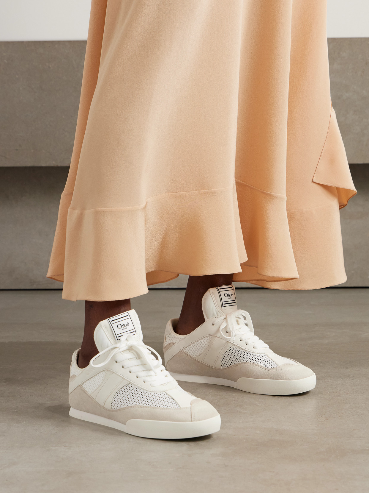 Shop Chloé Kick Suede, Mesh And Leather Sneakers In Cream