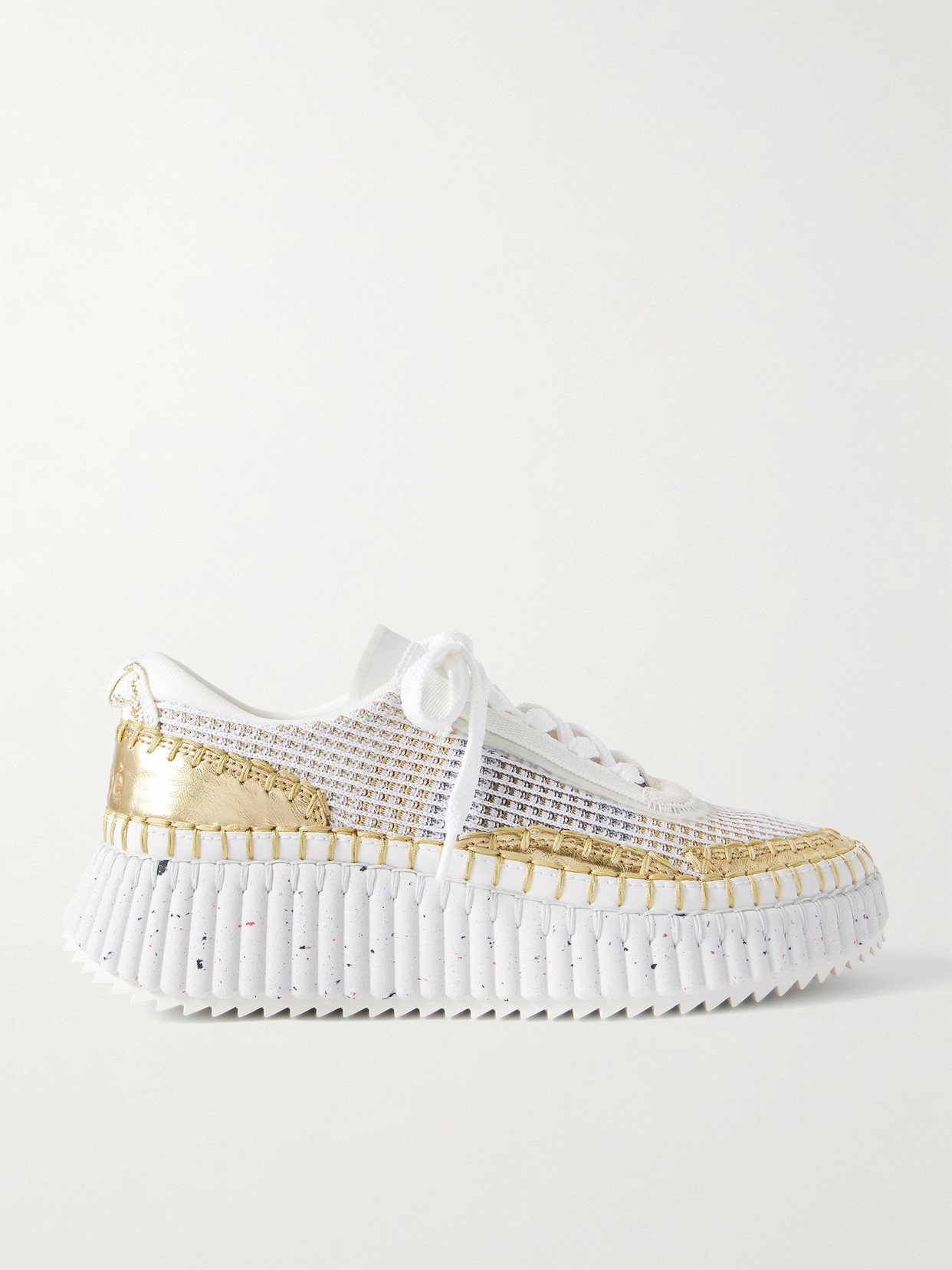 Chloé Nama Embroidered Metallic Leather And Mesh Sneakers In White