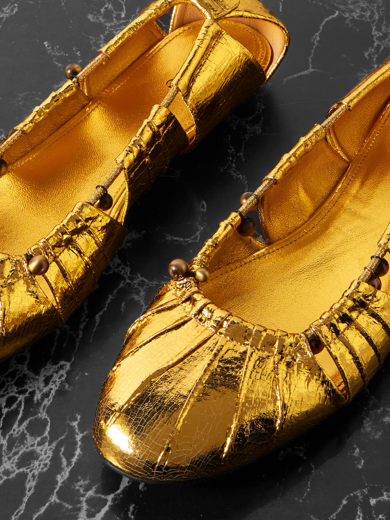 Chloé Luna Cutout Embellished Gathered Metallic Leather Ballet Flats In Gold