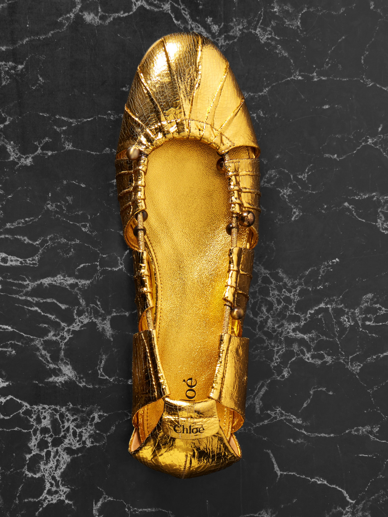 Chloé Luna Cutout Embellished Gathered Metallic Leather Ballet Flats In Gold