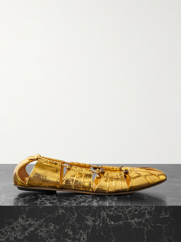 Chloé Luna cutout embellished gathered metallic leather ballet flats