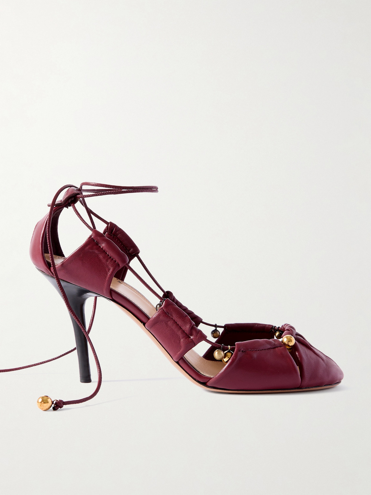Chloé Luna Cutout Embellished Pleated Leather Pumps In Burgundy