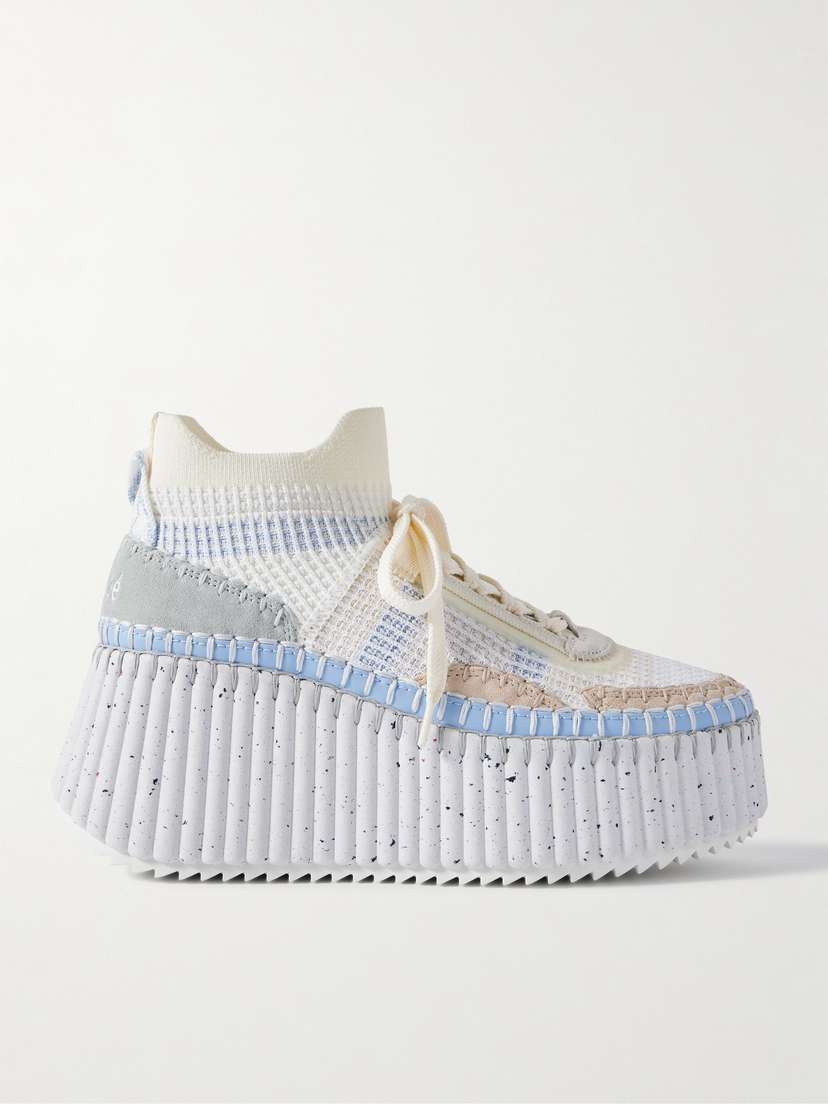 Chloé Nama Leather-trimmed Embroidered Suede And Mesh Platform Sneakers