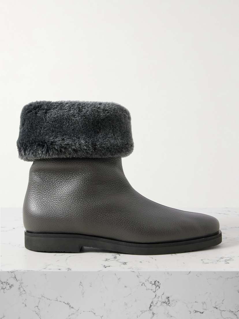 TOTEME Plush-trimmed Textured-leather Ankle Boots