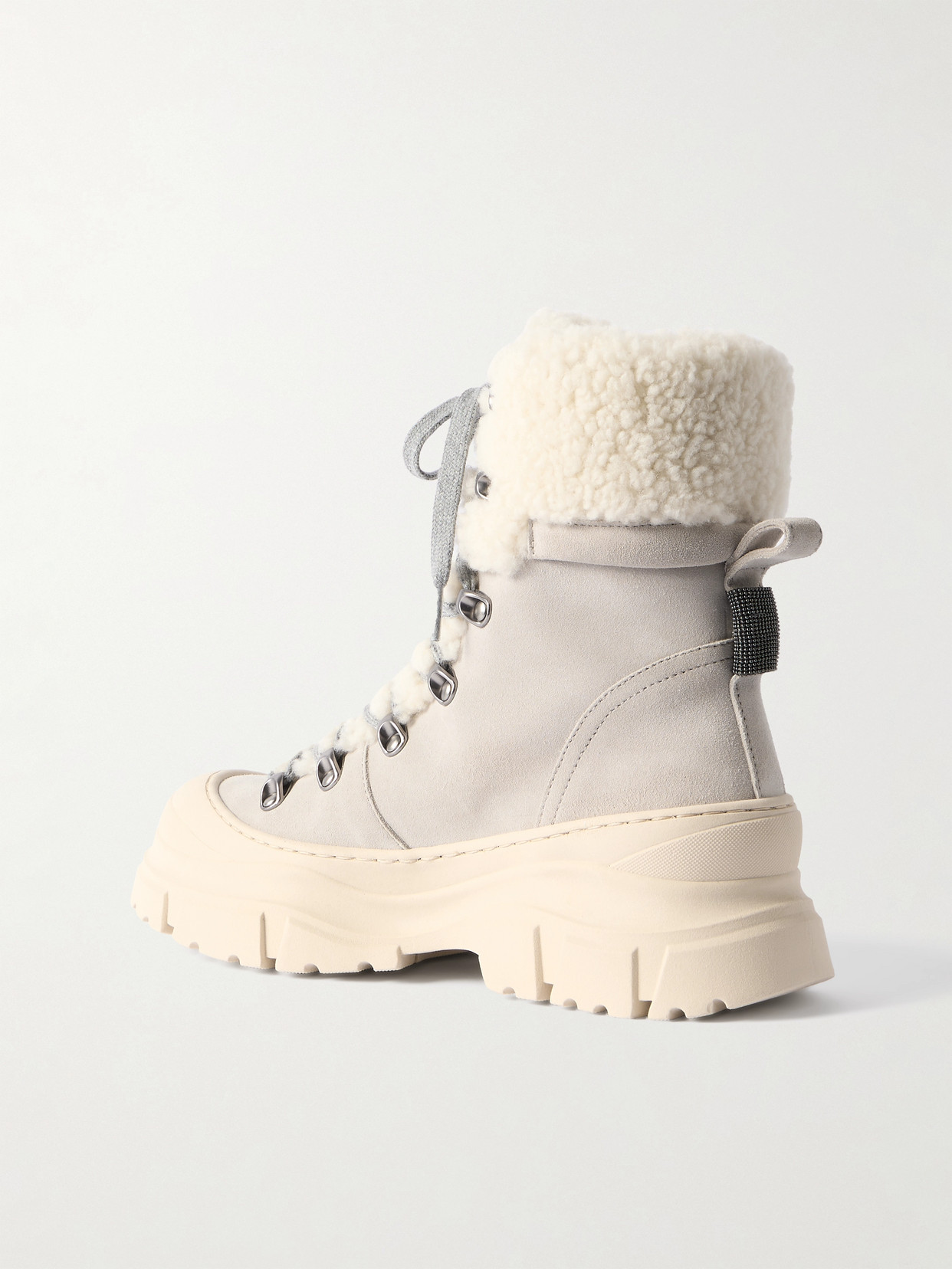 Brunello Cucinelli Bead-embellished Shearling-lined Suede Ankle Boots In Cream