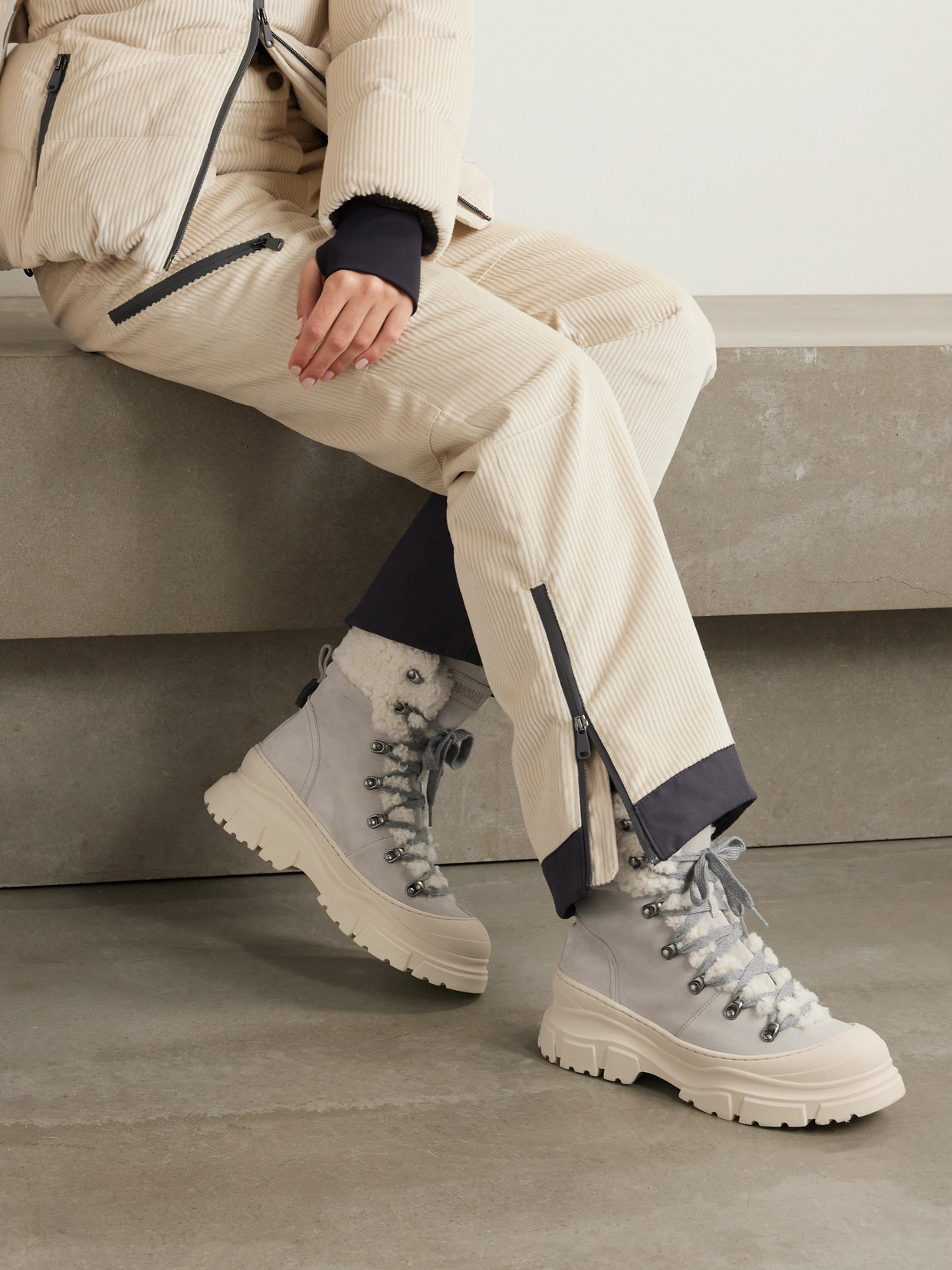 Brunello Cucinelli Bead-embellished Shearling-lined Suede Ankle Boots In Cream