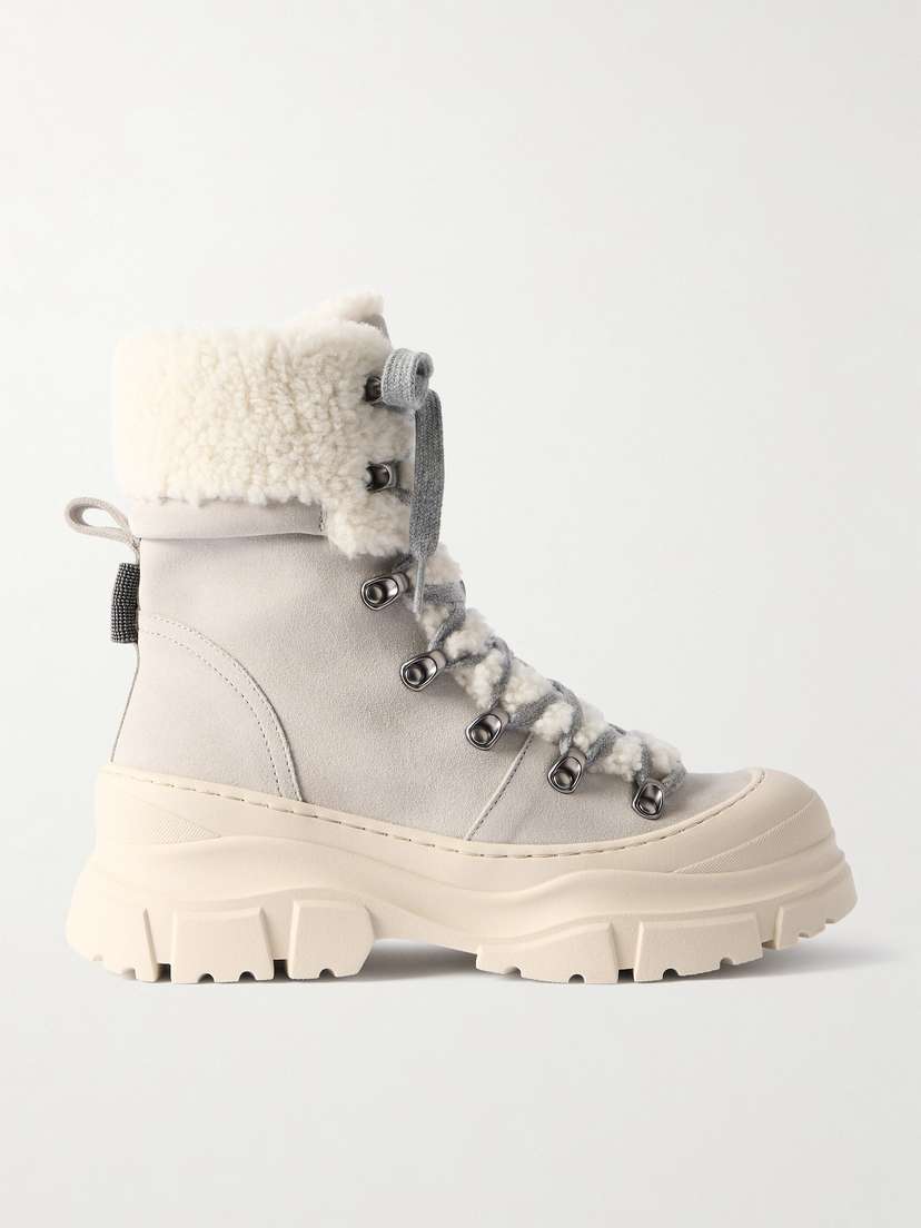 Brunello Cucinelli — Bead-embellished shearling-lined suede ankle boots