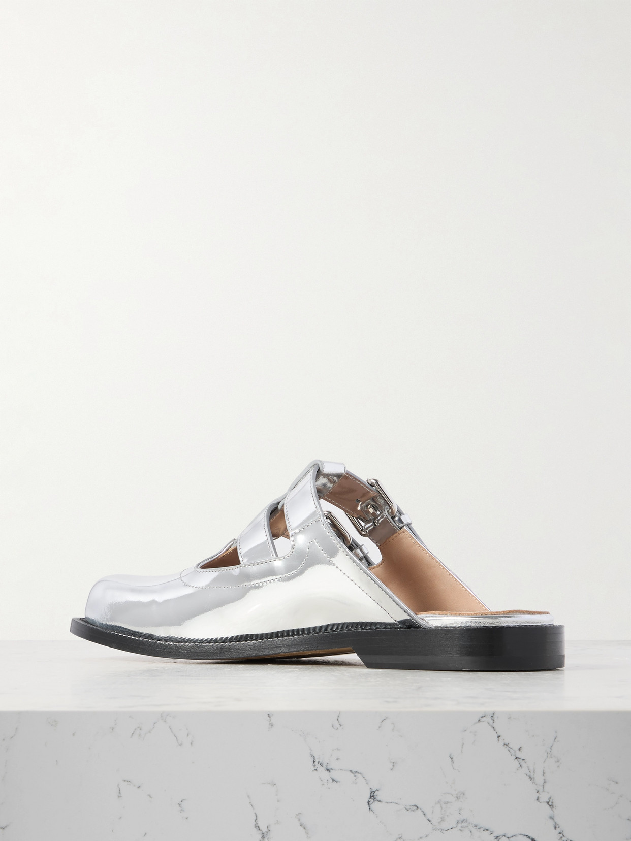 Loewe Campo Metallic Leather Mary Jane Flats In Silver
