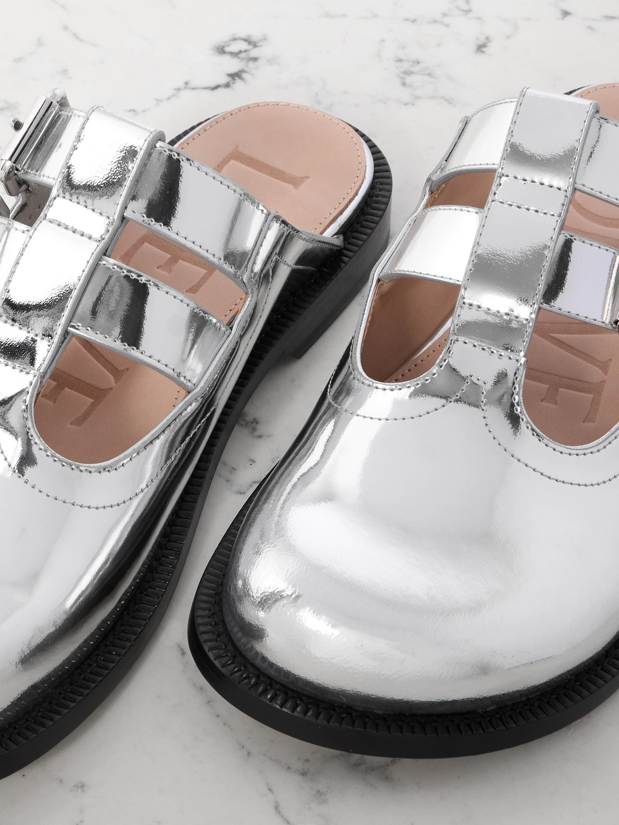 Loewe Campo Metallic Leather Mary Jane Flats In Silver