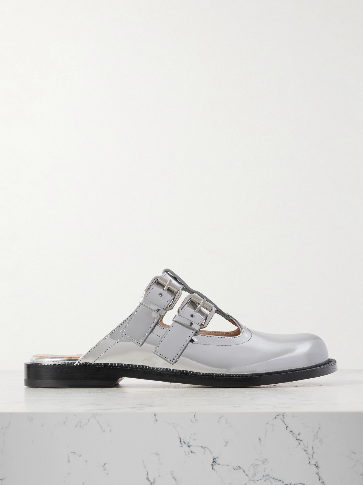 Loewe Campo Metallic Leather Mary Jane Mules In Silver
