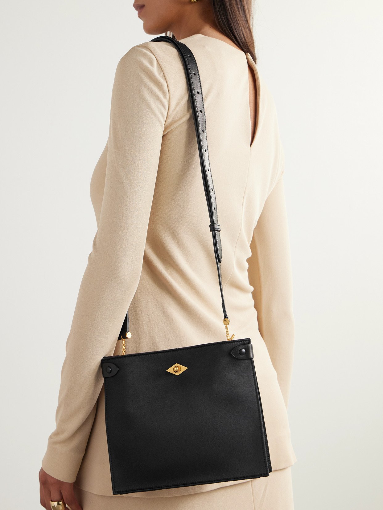 Metier Stowaway Leather-trimmed Satin Shoulder Bag In Black