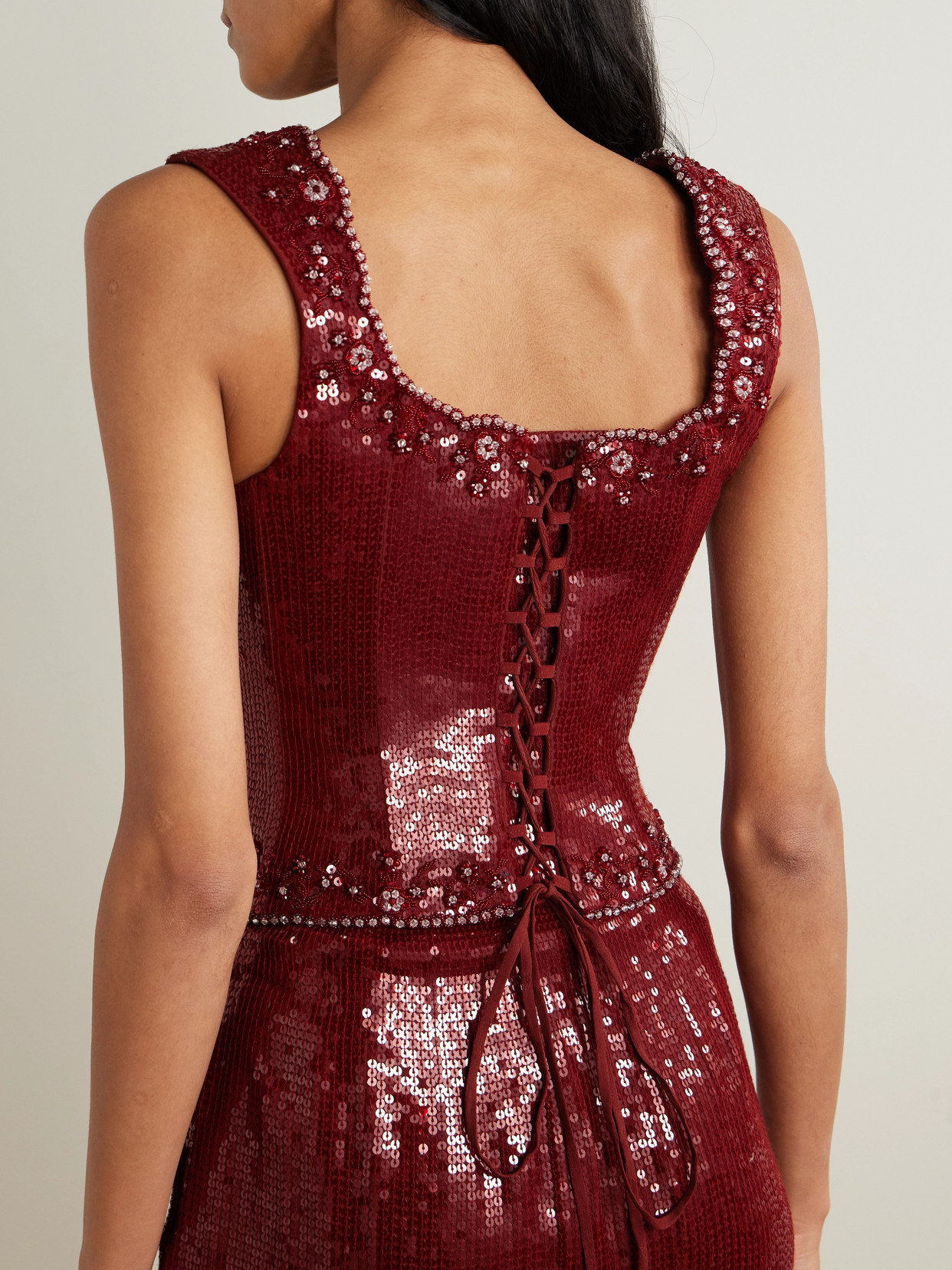 Clio Peppiatt Syrah Embellished Tulle Bustier Top In Red