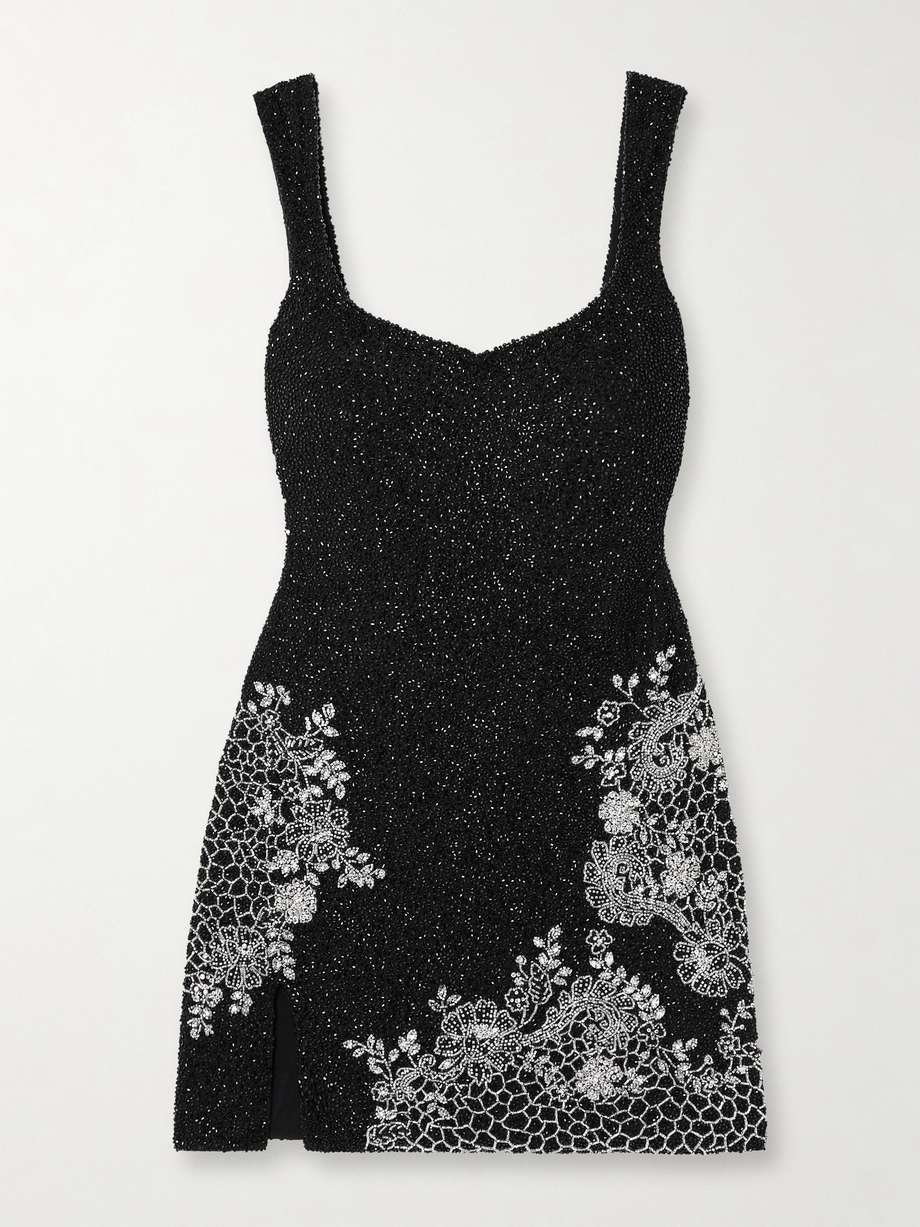 damask embellished stretch-tulle mini dress