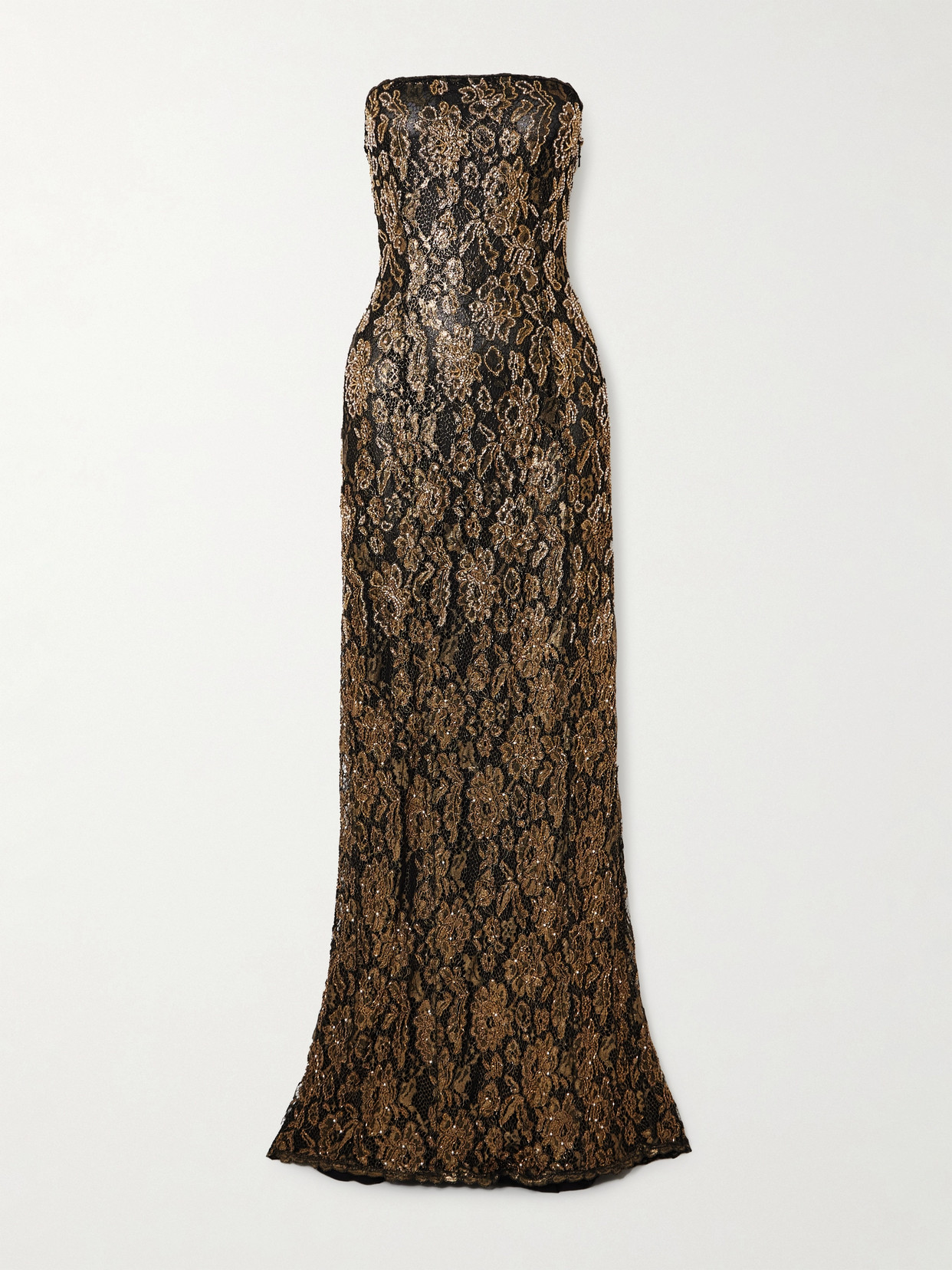 Clio Peppiatt Soleil Strapless Embellished Metallic Guipure Lace Gown In Gold