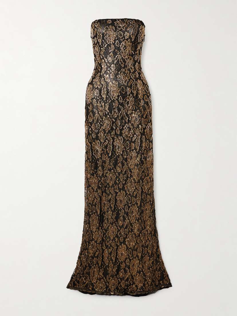 Clio Peppiatt Soleil Strapless Embellished Metallic Guipure Lace Gown