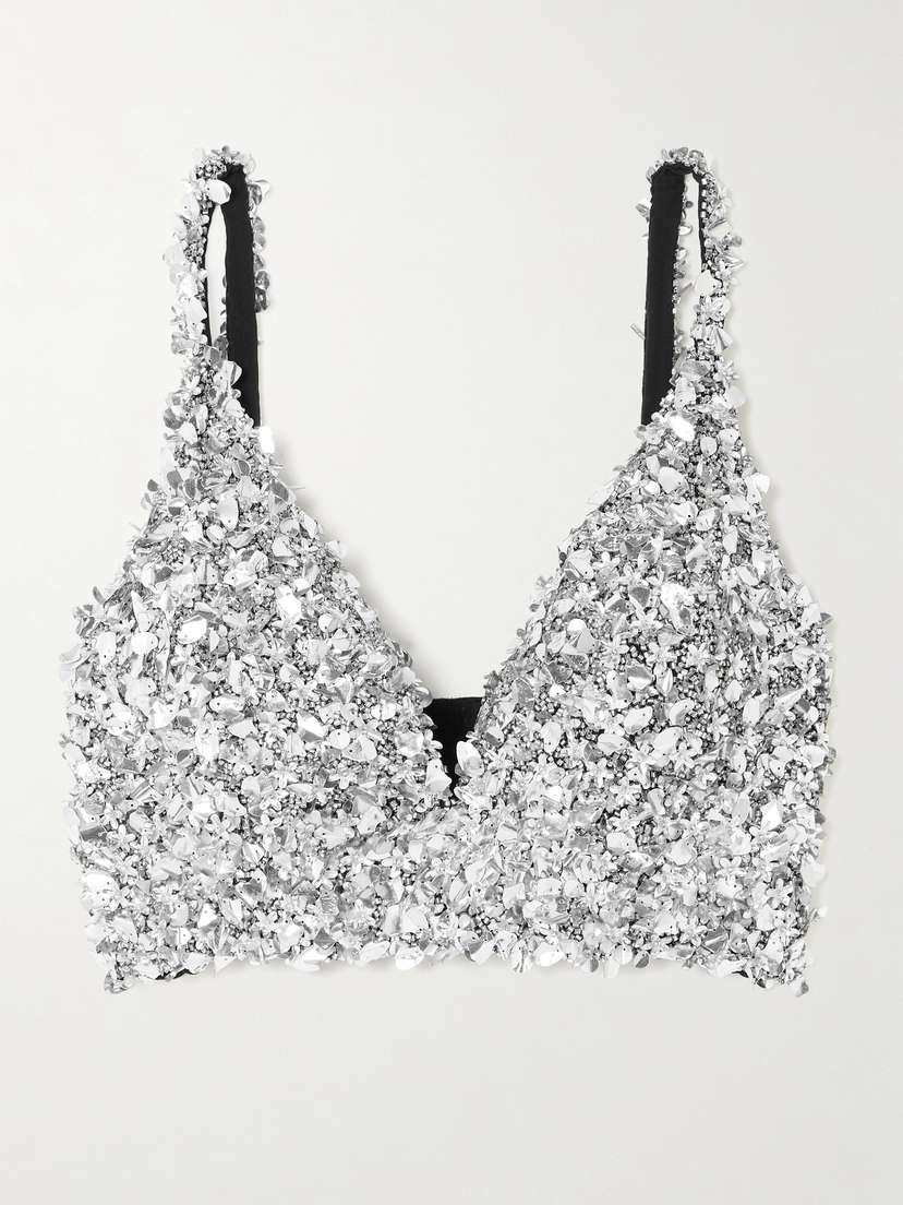 Clio Peppiatt Midas Cropped Embellished Stretch-tulle Top