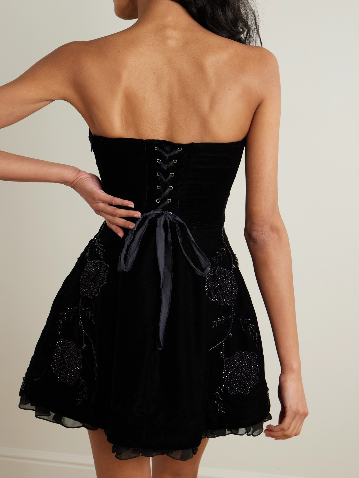 Clio Peppiatt Night Shade Strapless Chiffon-trimmed Embellished Velvet Mini Dress In Black