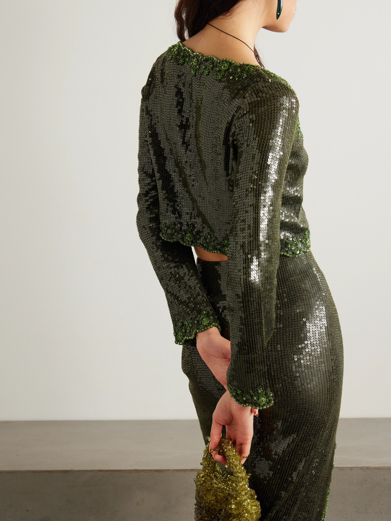 CLIO PEPPIATT OLIVINE CROPPED SCALLOPED EMBELLISHED CREPE TOP