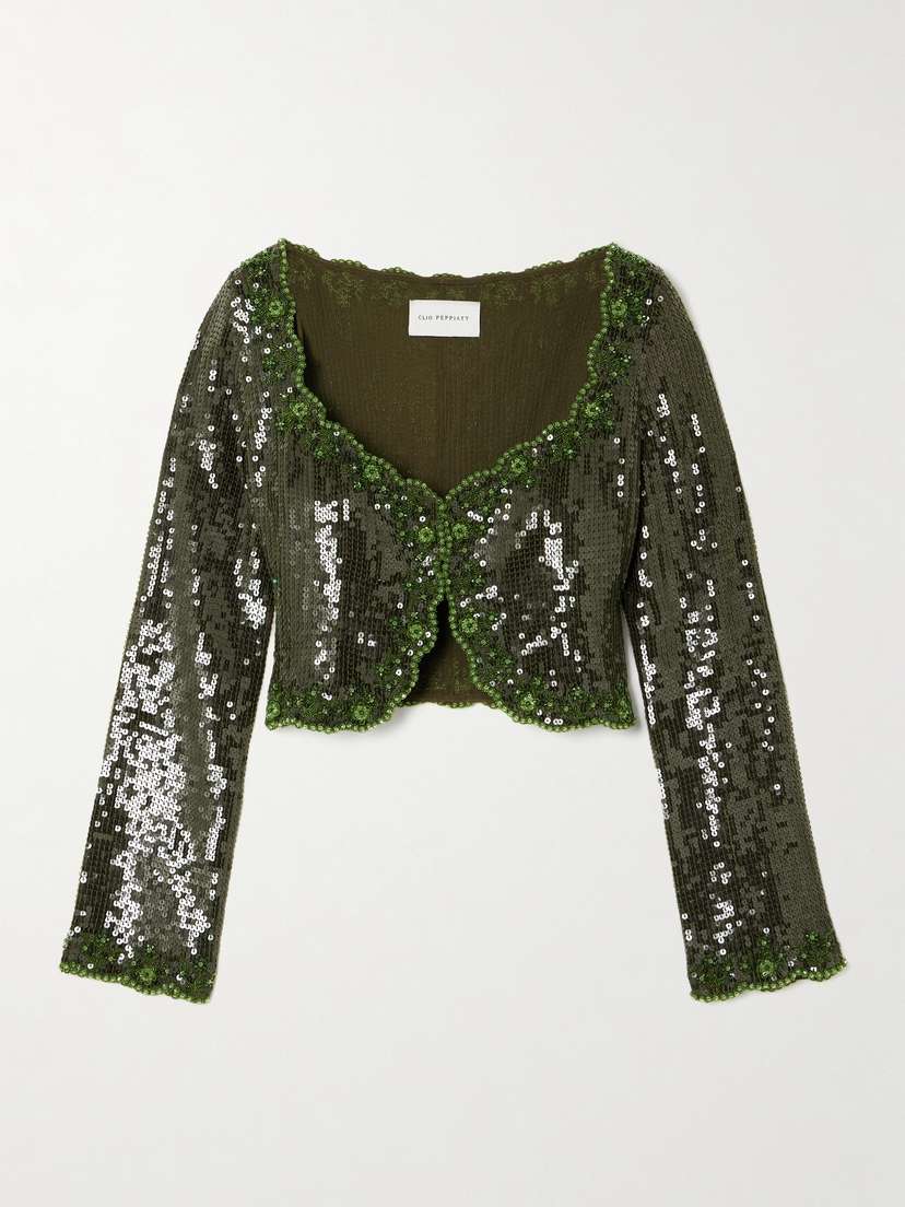 Clio Peppiatt Olivine Cropped Scalloped Embellished Crepe Top