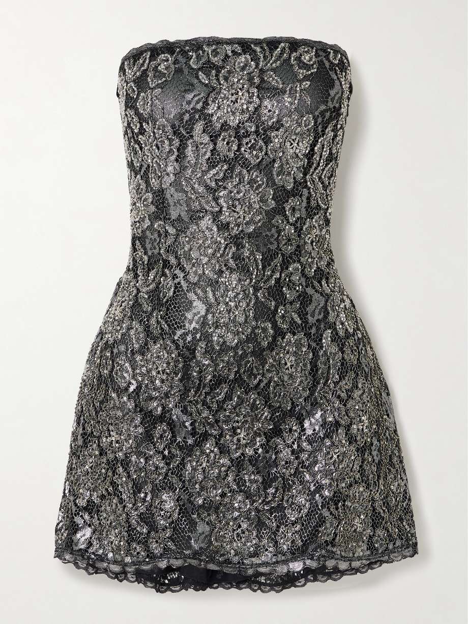 isla strapless embellished metallic guipure lace mini dress