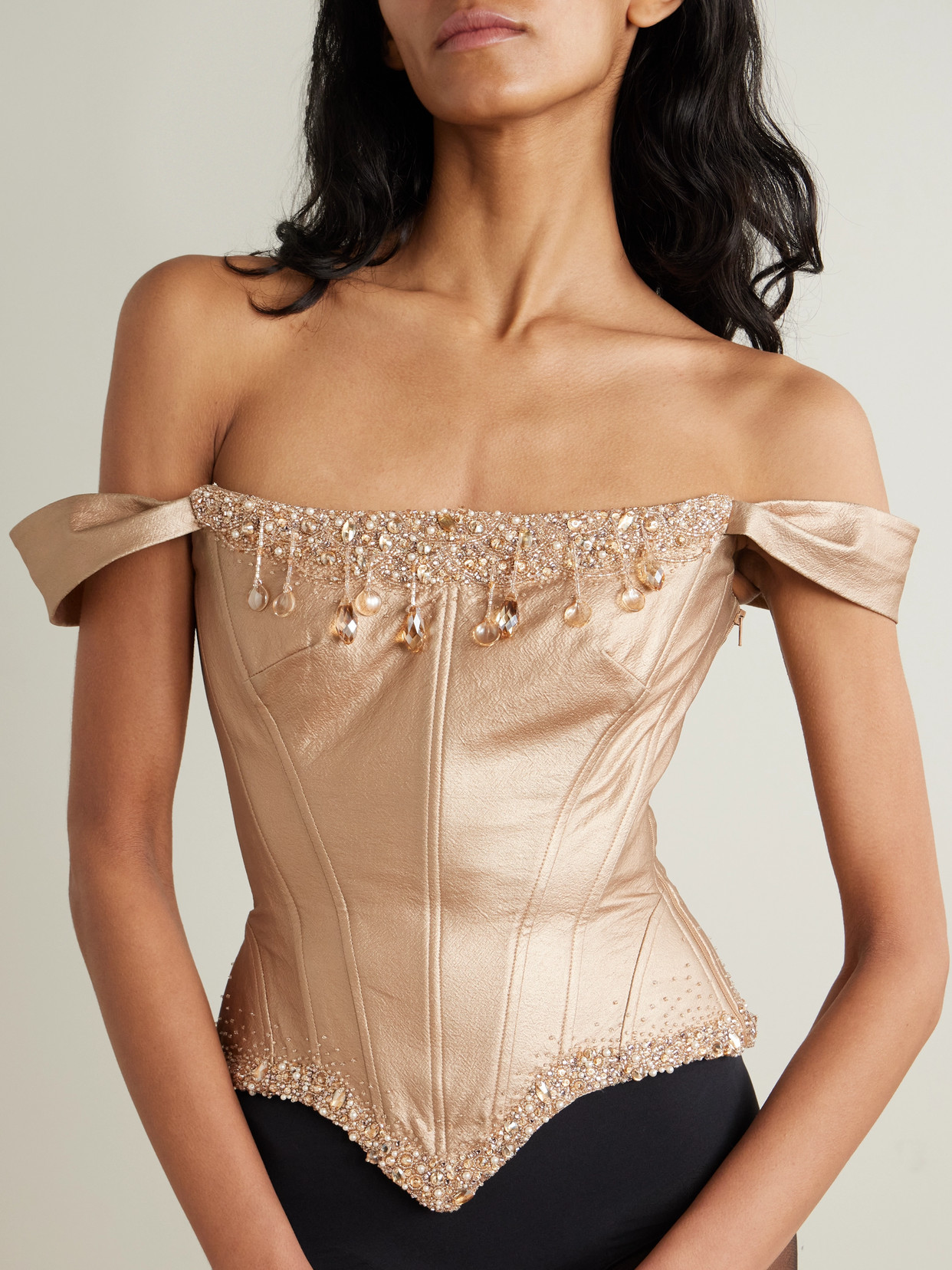 Amber Embellished Metallic Faux Leather Bustier Top