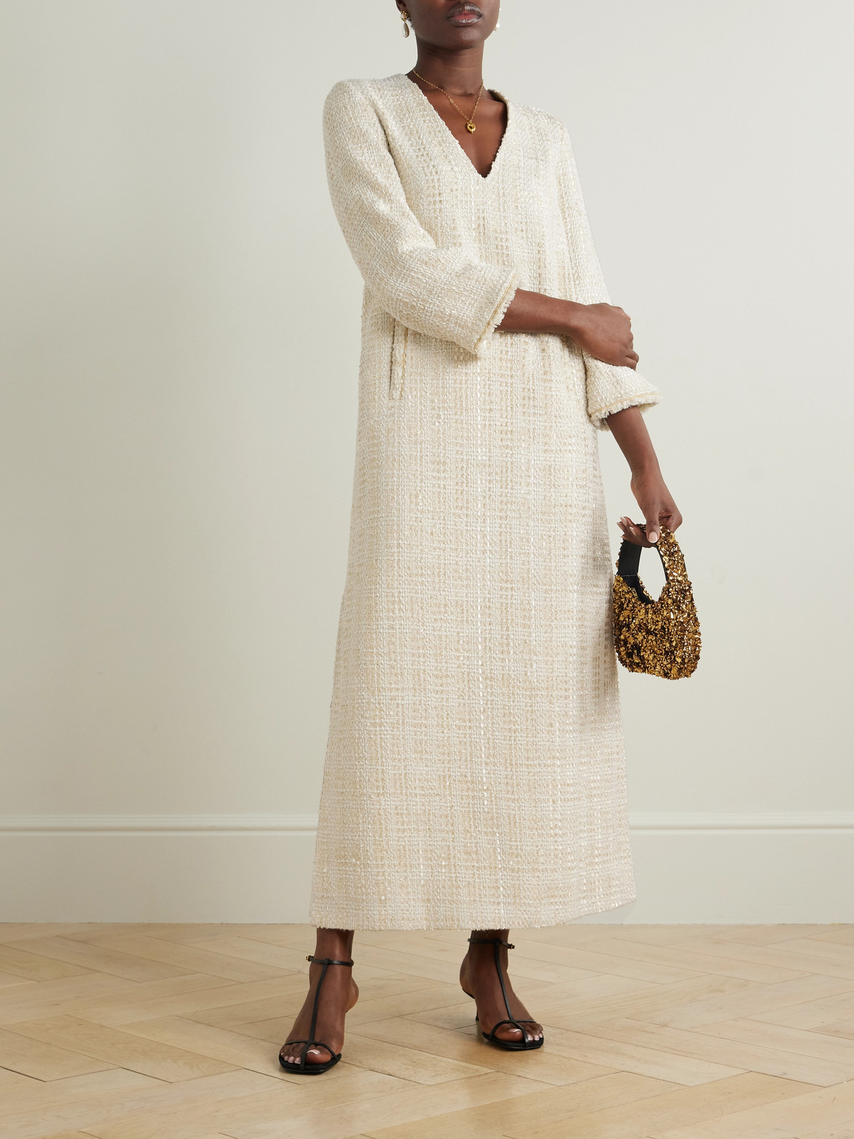 Borgo De Nor Eponine Metallic Tweed Maxi Dress In Cream