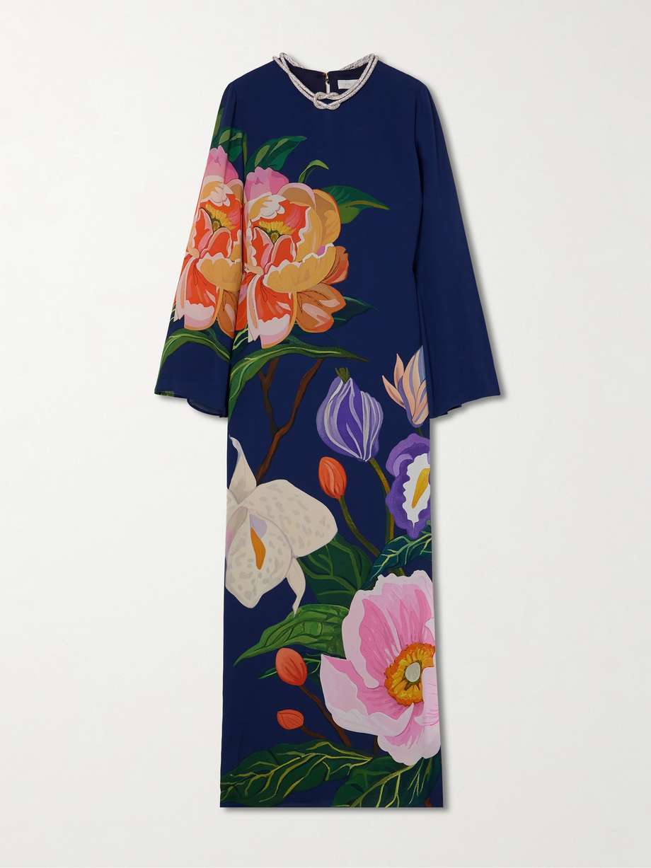 capucine embellished floral-print crepe de chine maxi dress