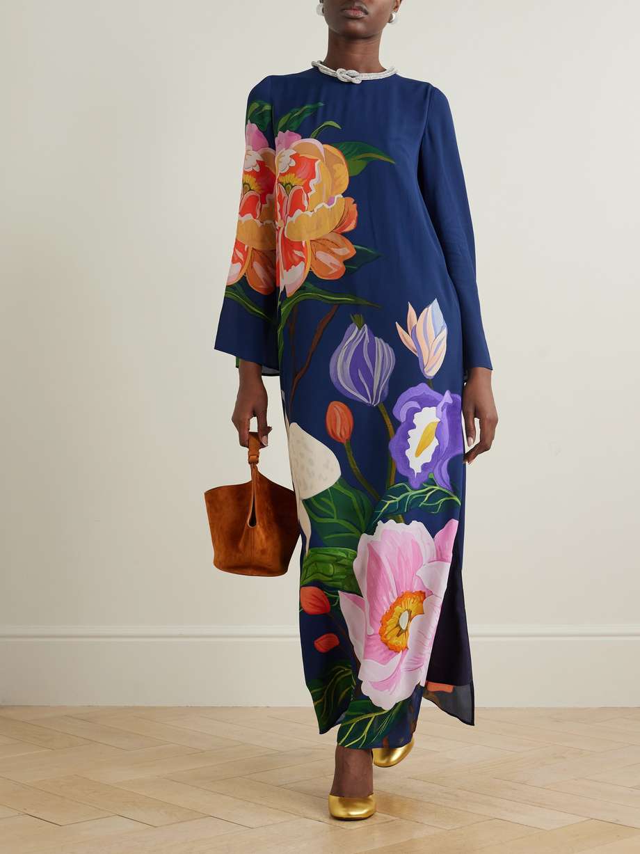 capucine embellished floral-print crepe de chine maxi dress