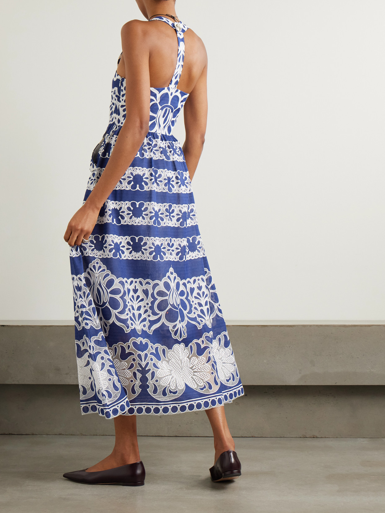 Borgo De Nor Mavaro Lace-trimmed Embroidered Cotton-blend Midi Dress In Blue