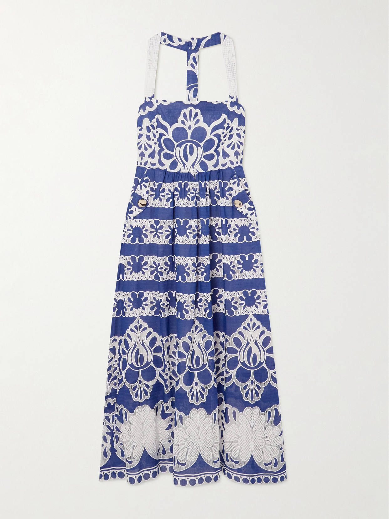 Borgo De Nor Mavaro Lace-trimmed Embroidered Cotton-blend Midi Dress In Blue