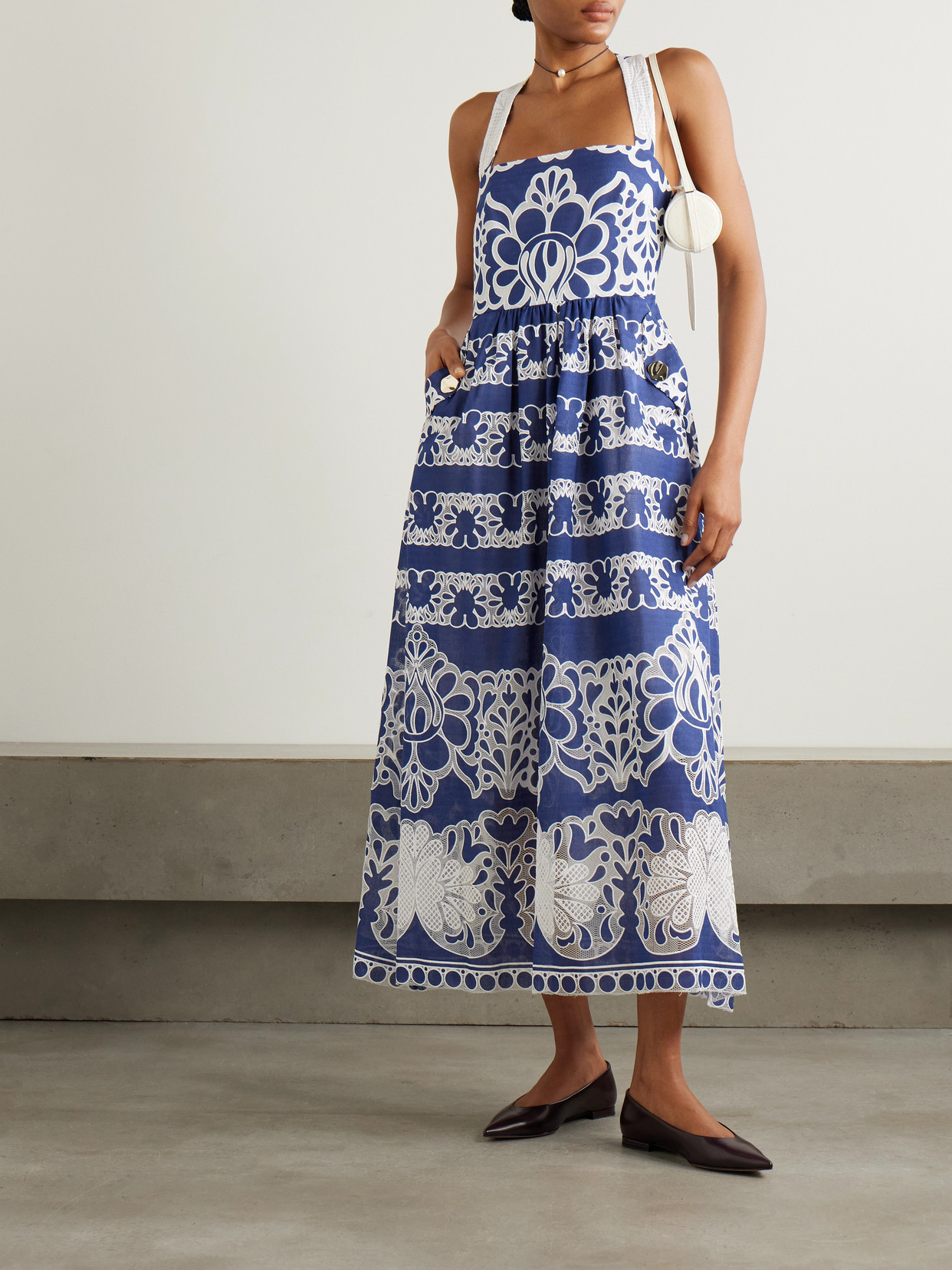 Borgo De Nor Mavaro Lace-trimmed Embroidered Cotton-blend Midi Dress In Blue