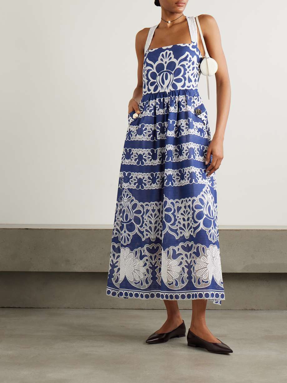 mavaro lace-trimmed embroidered cotton-blend midi dress