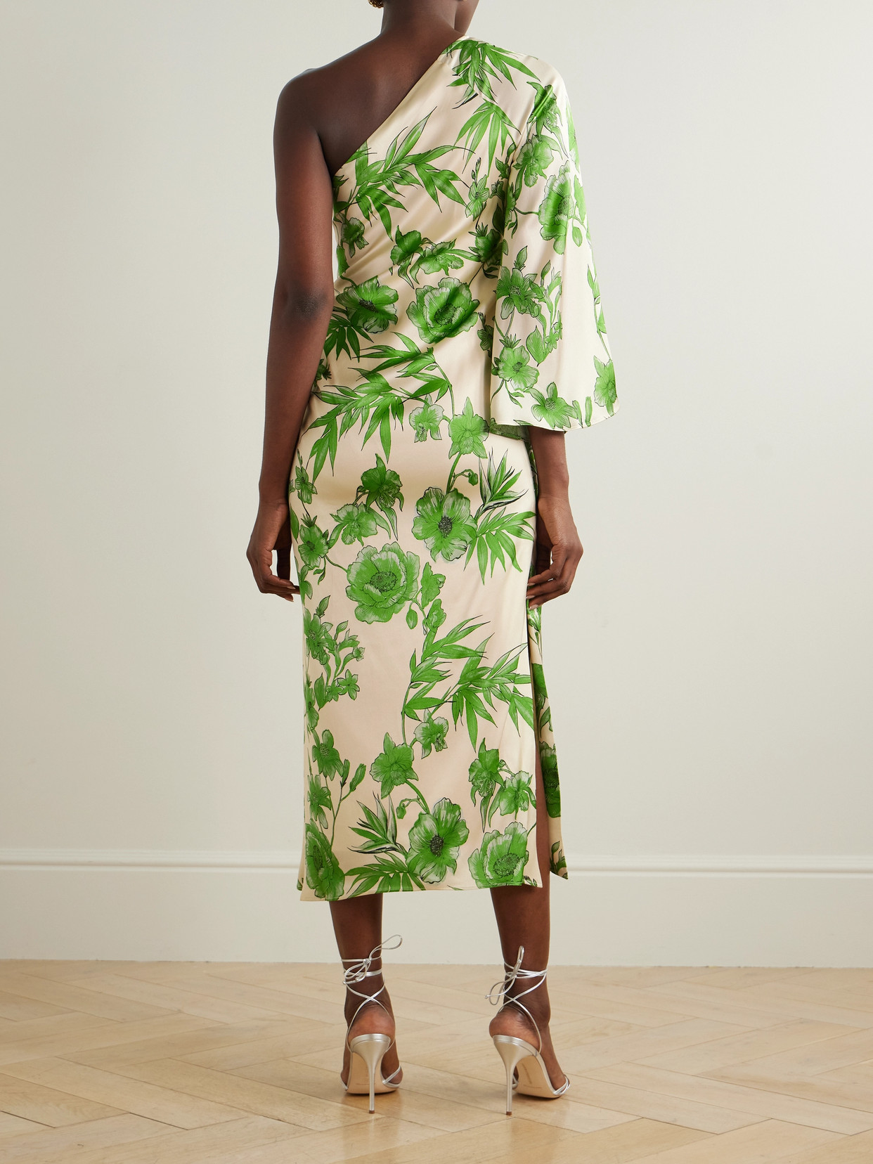 Borgo De Nor Atlantis One-shoulder Embellished Floral-print Satin Midi Dress In Green