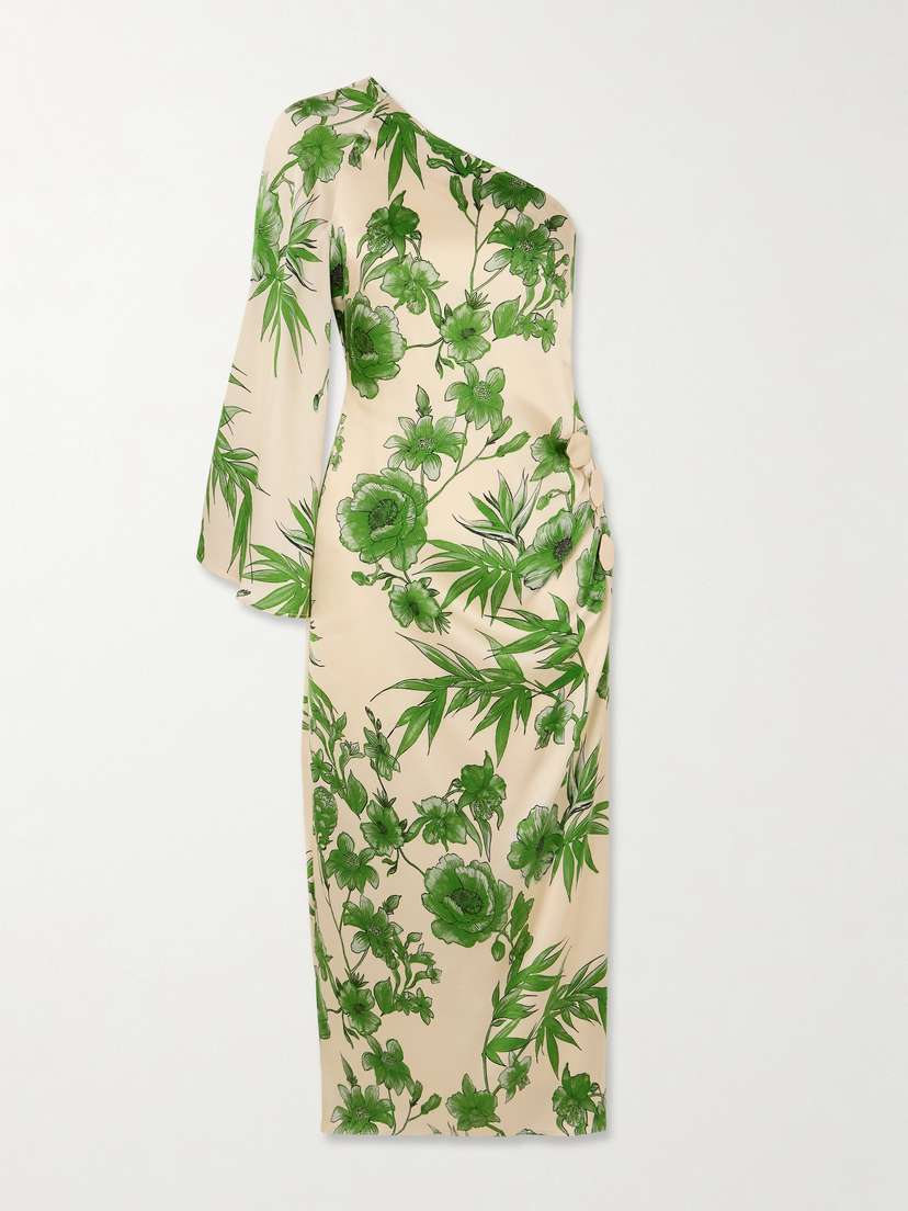 Borgo de Nor Atlantis One-shoulder Embellished Floral-print Satin Midi Dress